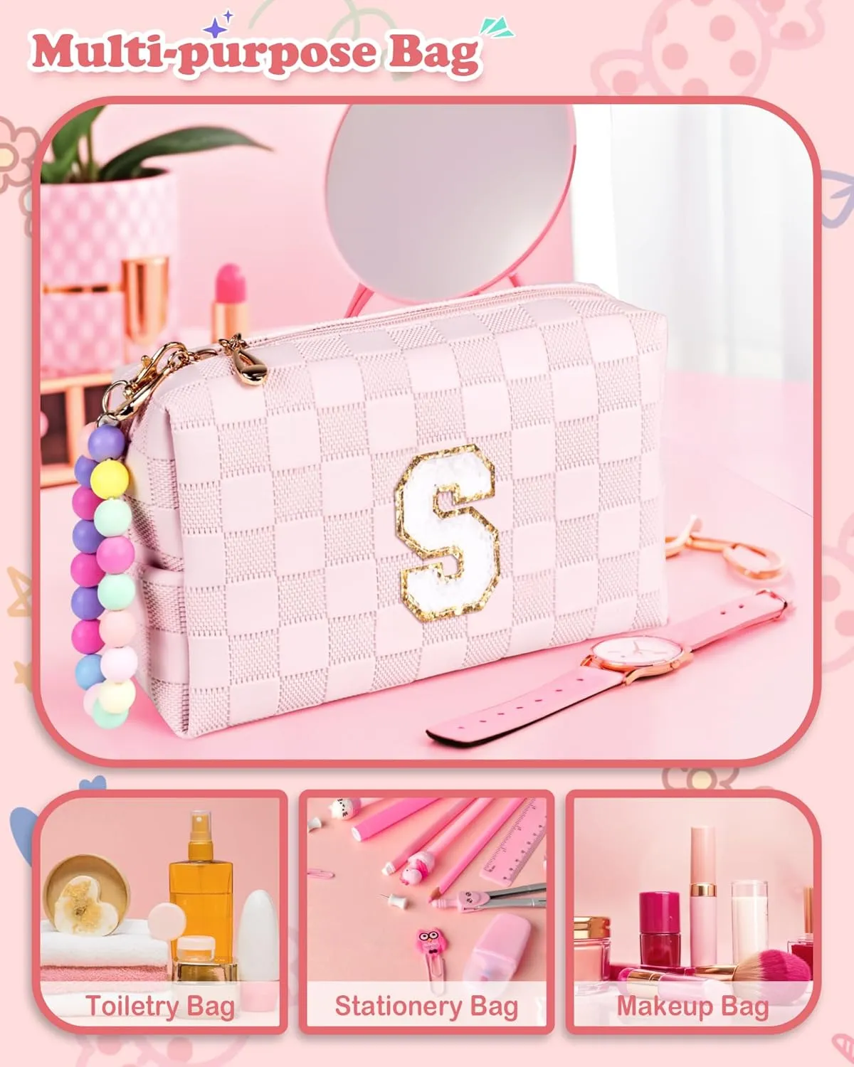 Girls Gifts Preppy Comestci Bag, Small Cosmetic Travel Bags for Kids, PU Leather Waterproof Toiletry Bag with Zipper, Personalized Birthday Gift For Kids Girl, Preppy Gifts For Girl (Letter F)