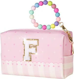 Girls Gifts Preppy Comestci Bag, Small Cosmetic Travel Bags for Kids, PU Leather Waterproof Toiletry Bag with Zipper, Personalized Birthday Gift For Kids Girl, Preppy Gifts For Girl (Letter F)