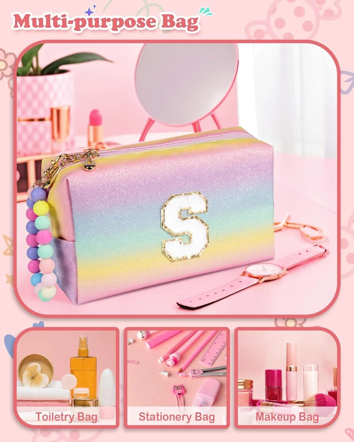 Girls Makeup Bag, Personalized Initial Toiletry Bag w Zipper, Cute Makeup Pouch, PU Leather Waterproof Cosmetic Bag, Birthday Gift For Daughter, Preppy Things For Girls (Letter G)