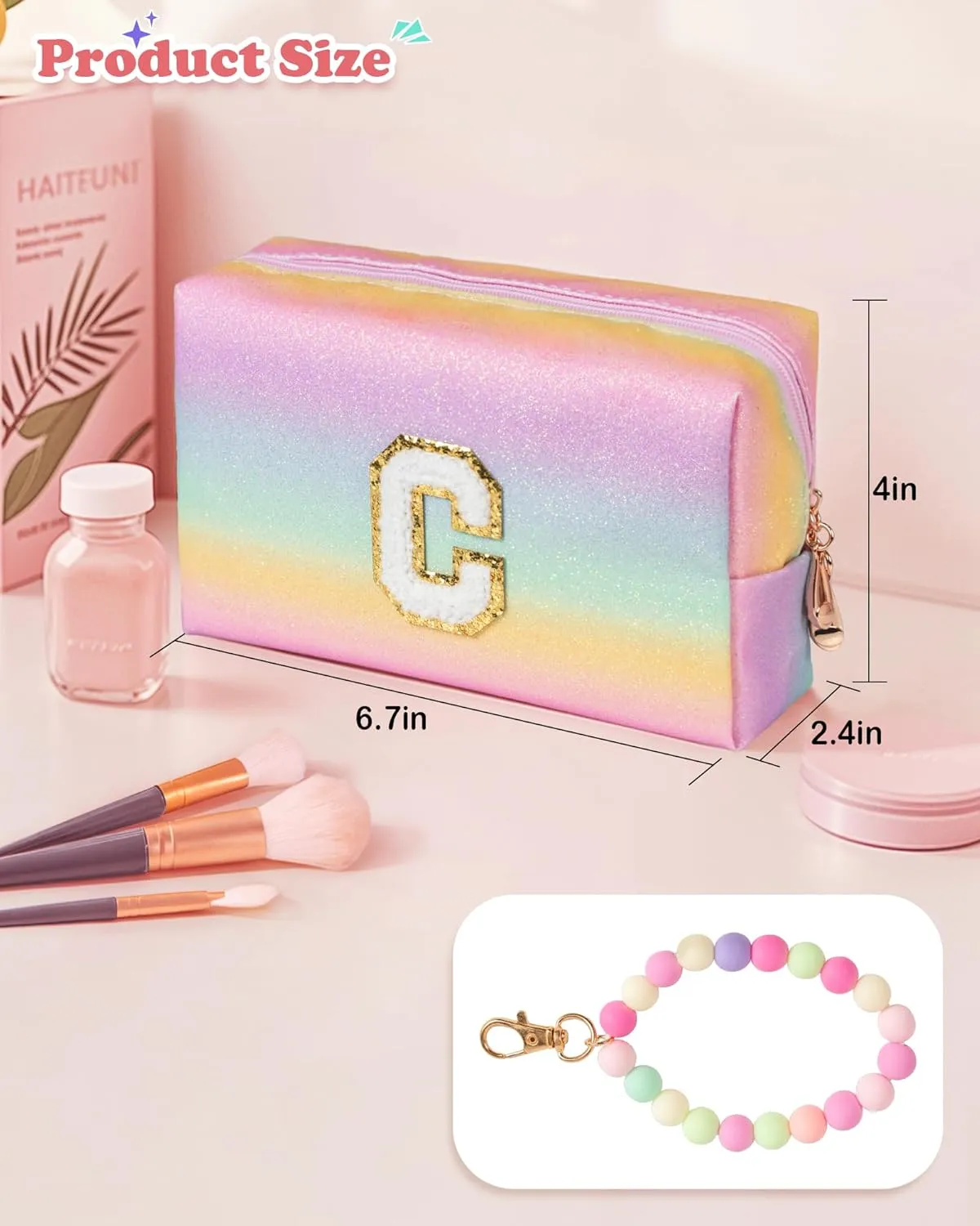 Girls Makeup Bag, Personalized Initial Toiletry Bag w Zipper, Cute Makeup Pouch, PU Leather Waterproof Cosmetic Bag, Birthday Gift For Daughter, Preppy Things For Girls (Letter G)
