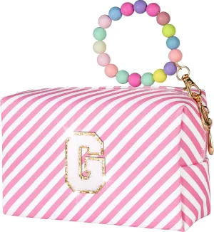 Girls Makeup Bag, Personalized Initial Toiletry Bag w Zipper, Cute Makeup Pouch, PU Leather Waterproof Cosmetic Bag, Birthday Gift For Daughter, Preppy Things For Girls (Letter G)