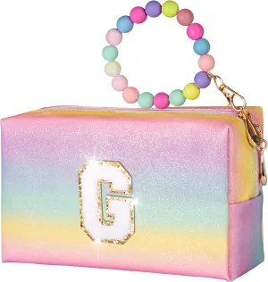 Girls Makeup Bag, Personalized Initial Toiletry Bag w Zipper, Cute Makeup Pouch, PU Leather Waterproof Cosmetic Bag, Birthday Gift For Daughter, Preppy Things For Girls (Letter G)