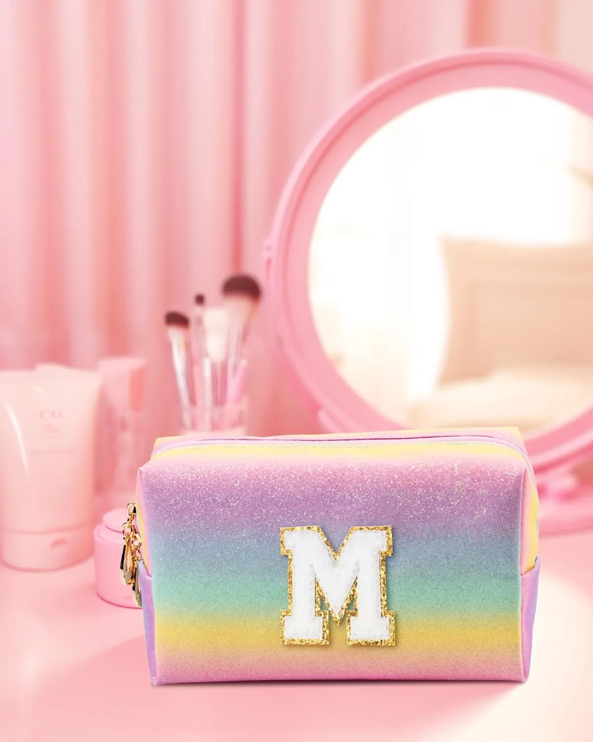 Girls Makeup Bag, Personalized Initial Toiletry Bag w Zipper, Cute Makeup Pouch, PU Leather Waterproof Cosmetic Bag, Birthday Gift For Daughter, Preppy Things For Girls (Letter G)