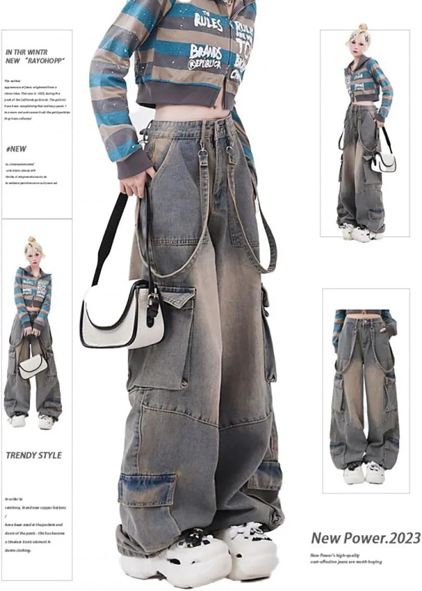 Gothic Women's Pants Street Trend Loose Multi Pocket Stitching Casual Straight Leg Wide Leg Washed Denim Vintage
