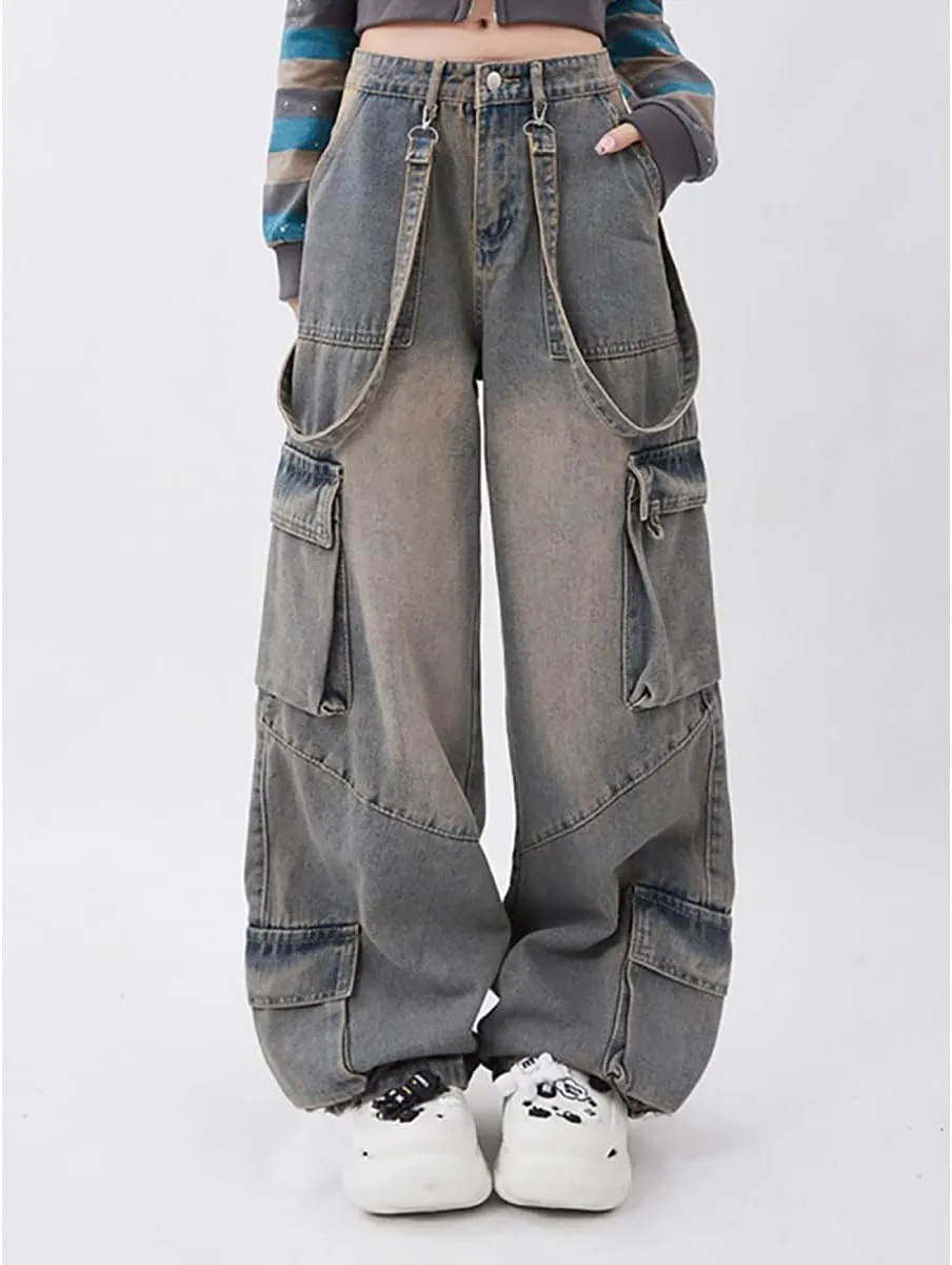 Gothic Women's Pants Street Trend Loose Multi Pocket Stitching Casual Straight Leg Wide Leg Washed Denim Vintage