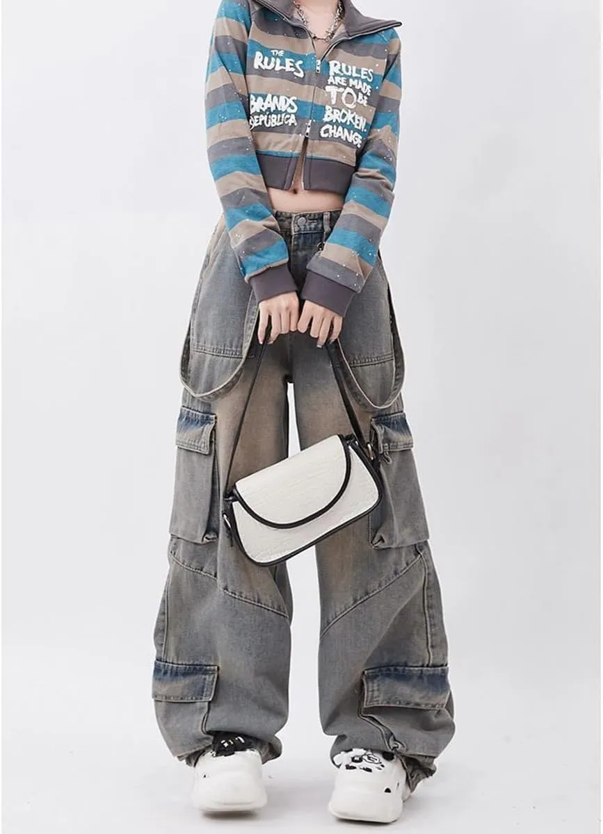 Gothic Women's Pants Street Trend Loose Multi Pocket Stitching Casual Straight Leg Wide Leg Washed Denim Vintage