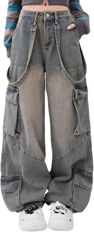 Gothic Women's Pants Street Trend Loose Multi Pocket Stitching Casual Straight Leg Wide Leg Washed Denim Vintage