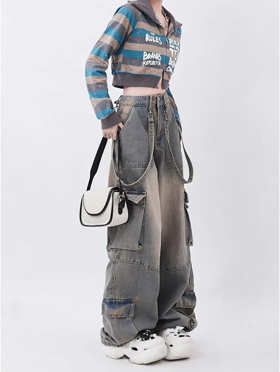 Gothic Women's Pants Street Trend Loose Multi Pocket Stitching Casual Straight Leg Wide Leg Washed Denim Vintage