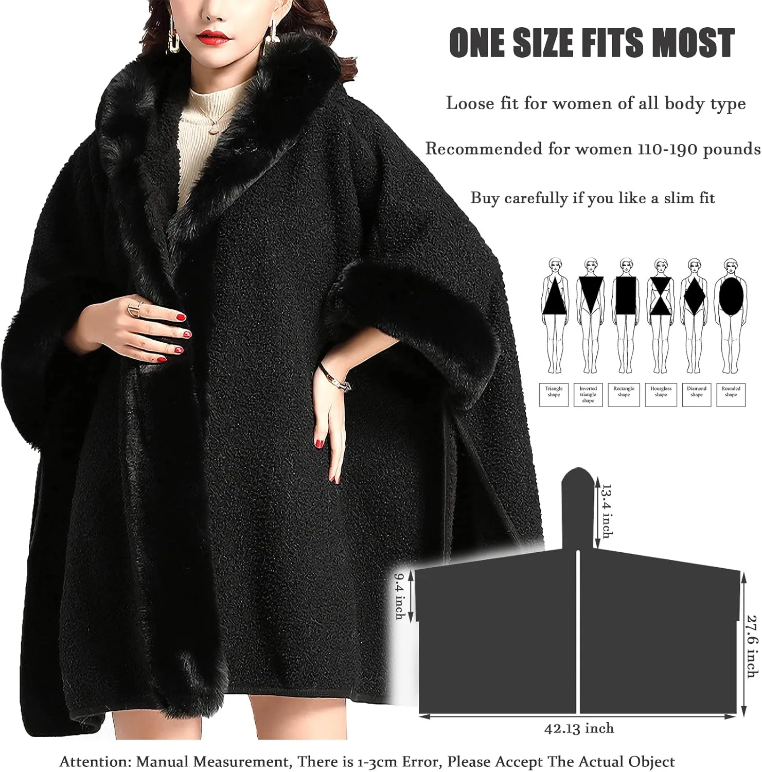 Gragengs Hooded Cloak Faux Rabbit Fur Cape Coat Cardigan Poncho for Women Wool Warm