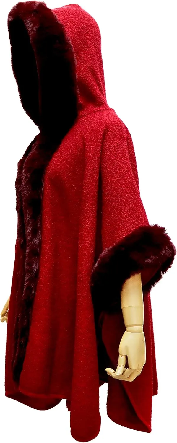 Gragengs Hooded Cloak Faux Rabbit Fur Cape Coat Cardigan Poncho for Women Wool Warm