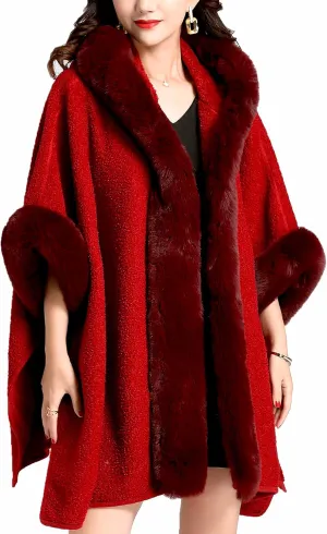 Gragengs Hooded Cloak Faux Rabbit Fur Cape Coat Cardigan Poncho for Women Wool Warm