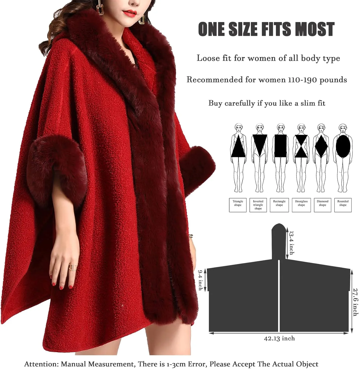 Gragengs Hooded Cloak Faux Rabbit Fur Cape Coat Cardigan Poncho for Women Wool Warm