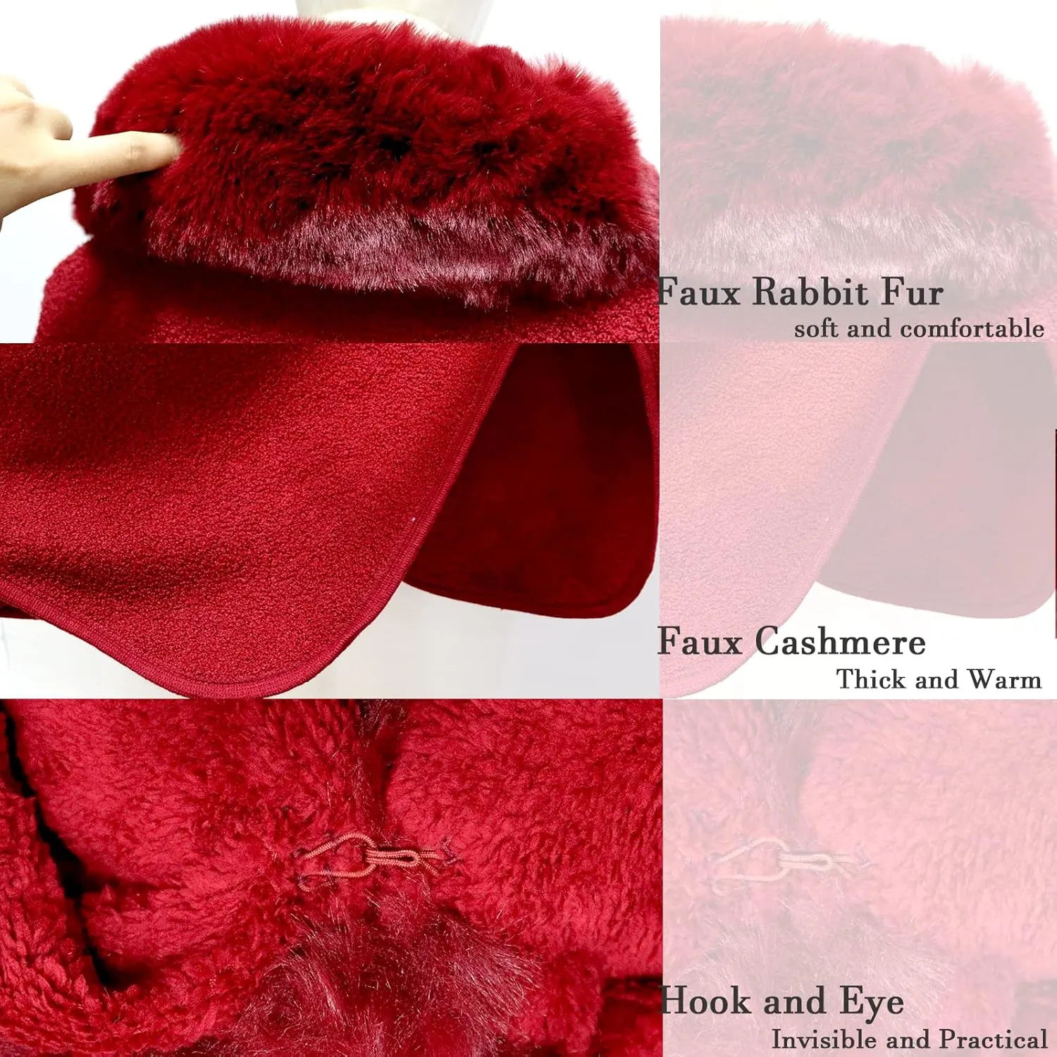 Gragengs Hooded Cloak Faux Rabbit Fur Cape Coat Cardigan Poncho for Women Wool Warm