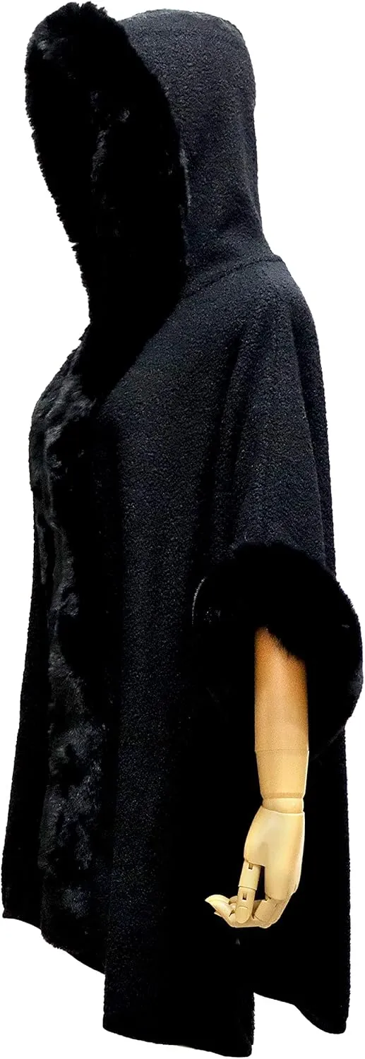 Gragengs Hooded Cloak Faux Rabbit Fur Cape Coat Cardigan Poncho for Women Wool Warm