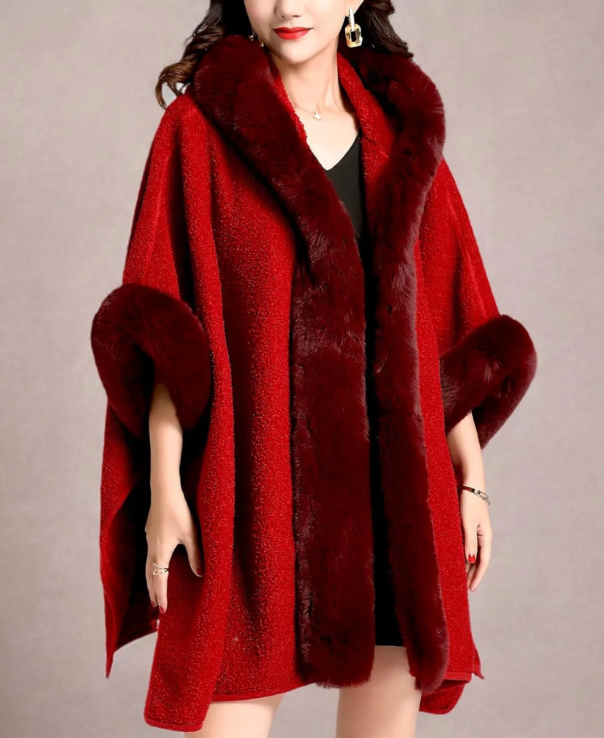 Gragengs Hooded Cloak Faux Rabbit Fur Cape Coat Cardigan Poncho for Women Wool Warm