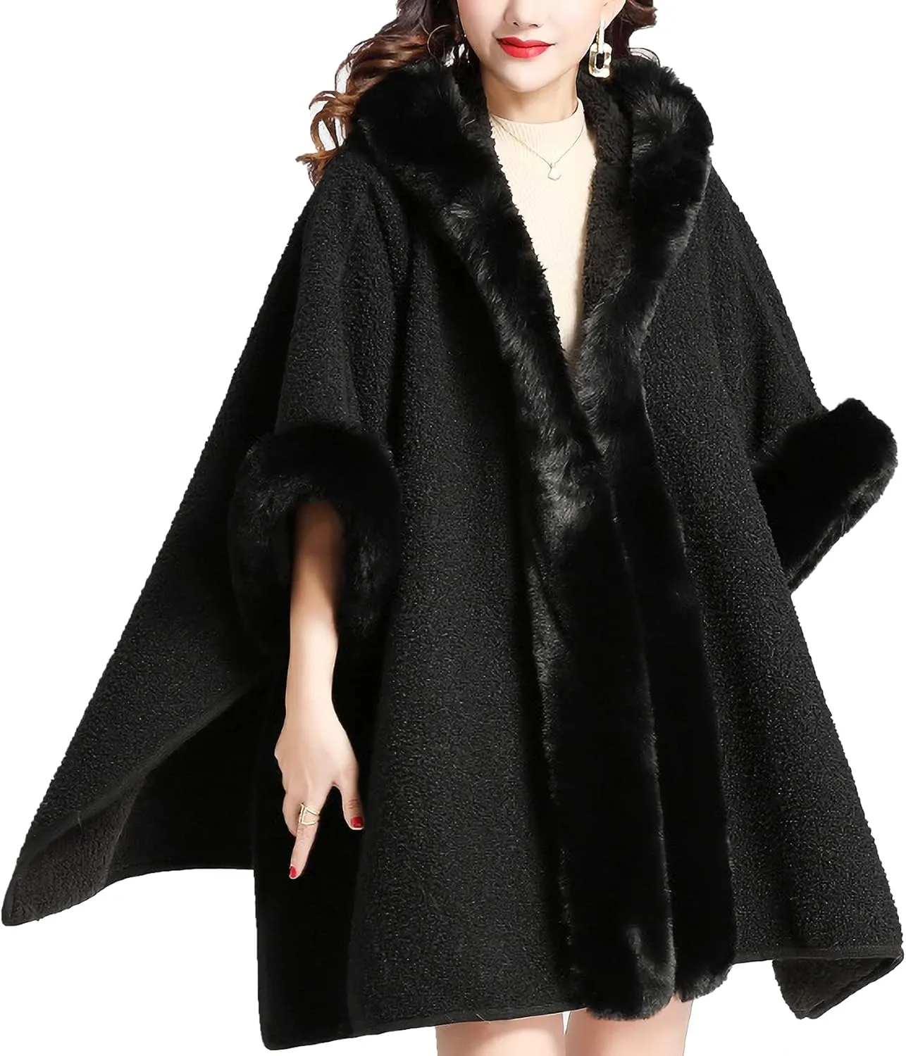 Gragengs Hooded Cloak Faux Rabbit Fur Cape Coat Cardigan Poncho for Women Wool Warm