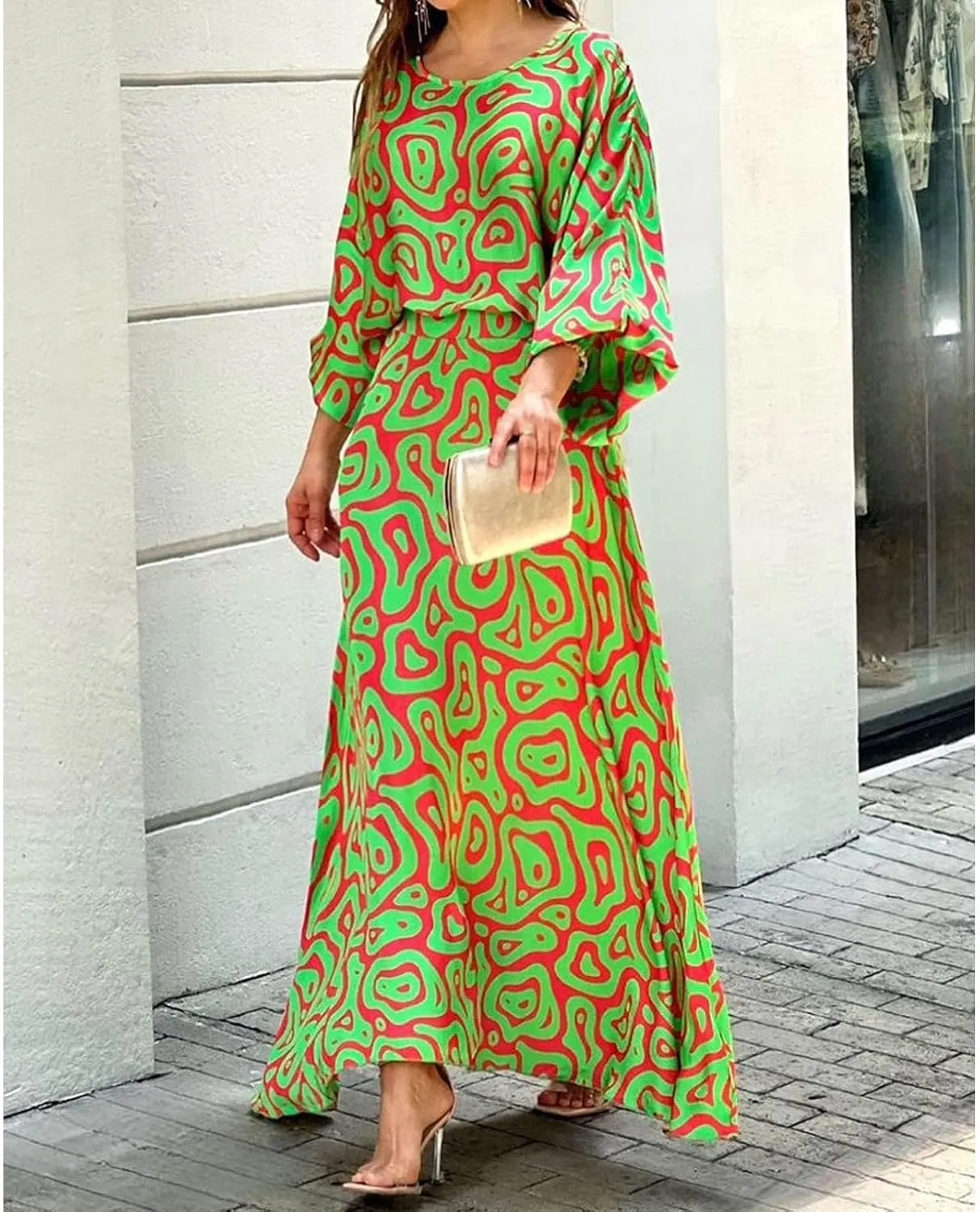 Guteidee Women's Chiffon Printted Maxi Dress Summer Loose Printed Long Sleeve High Waist Top and Long Skirt Casual Set