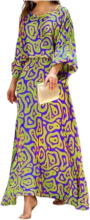 Guteidee Women's Chiffon Printted Maxi Dress Summer Loose Printed Long Sleeve High Waist Top and Long Skirt Casual Set
