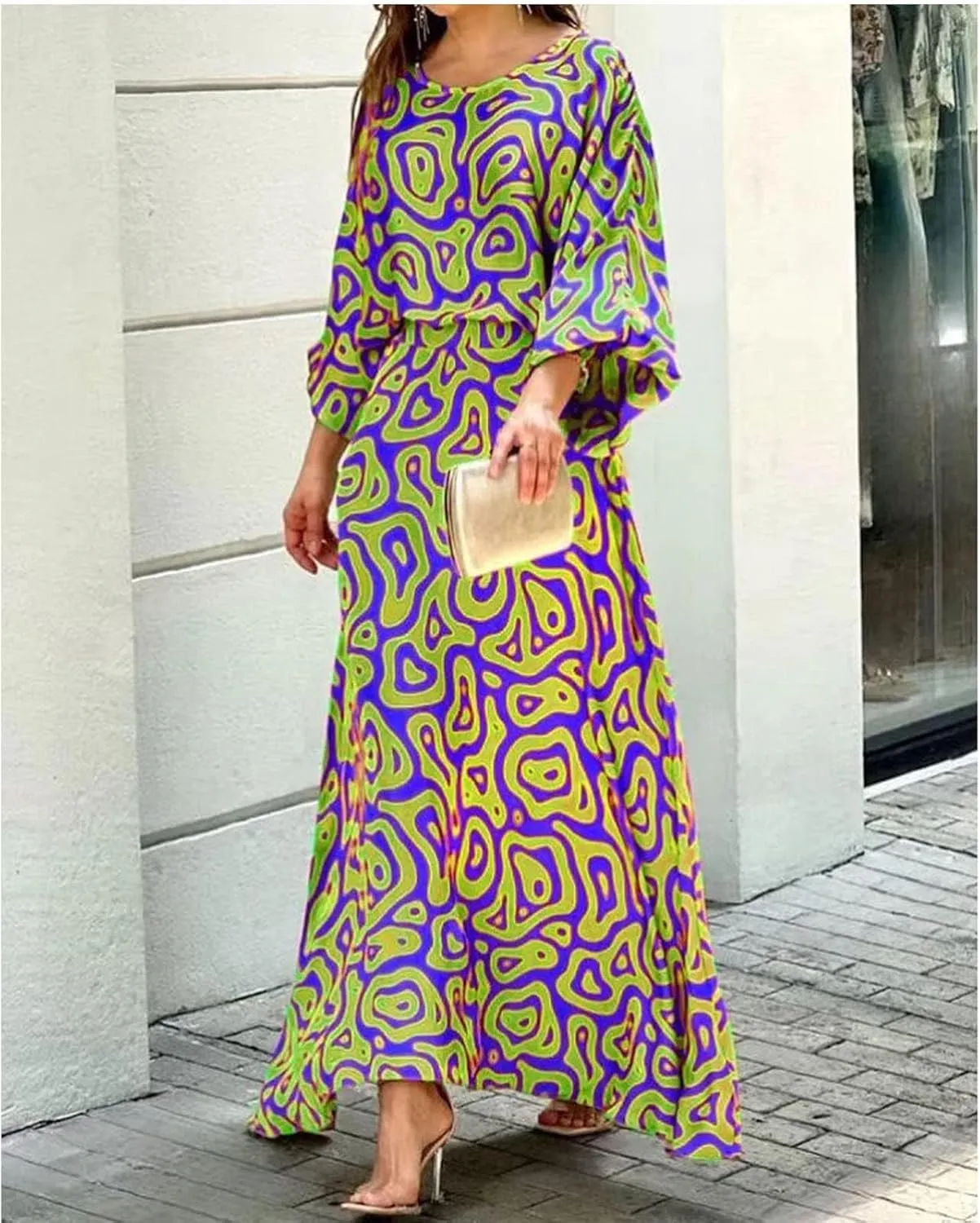 Guteidee Women's Chiffon Printted Maxi Dress Summer Loose Printed Long Sleeve High Waist Top and Long Skirt Casual Set