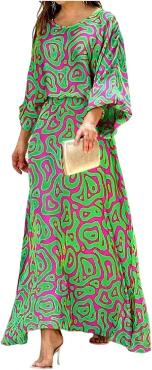 Guteidee Women's Chiffon Printted Maxi Dress Summer Loose Printed Long Sleeve High Waist Top and Long Skirt Casual Set