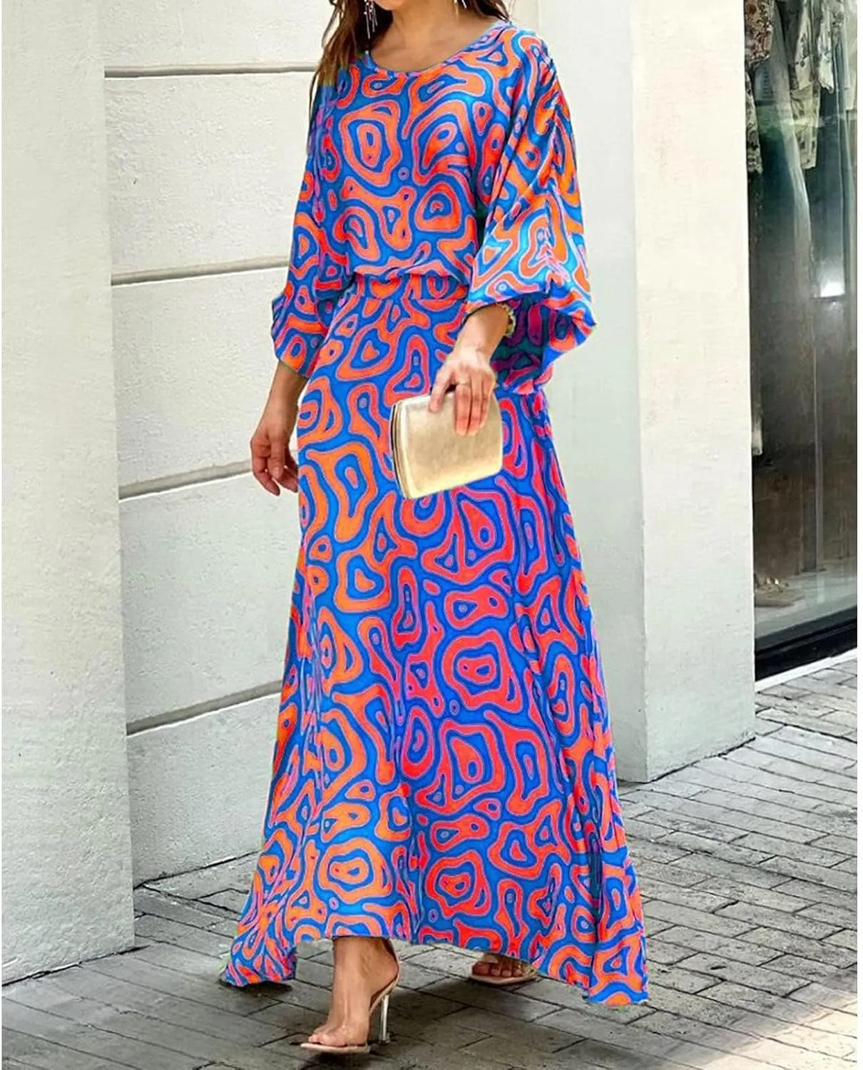 Guteidee Women's Chiffon Printted Maxi Dress Summer Loose Printed Long Sleeve High Waist Top and Long Skirt Casual Set