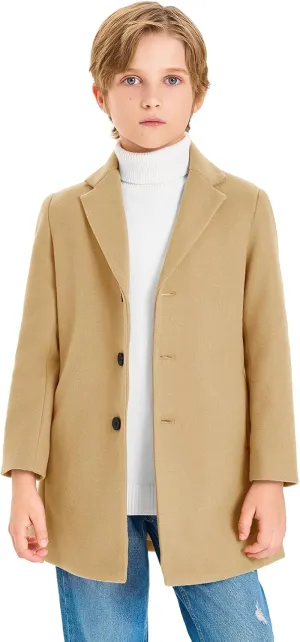 Haloumoning Boys Single Breasted Peacoat Notch Lapel Overcoat with Pockets 5-14 Years