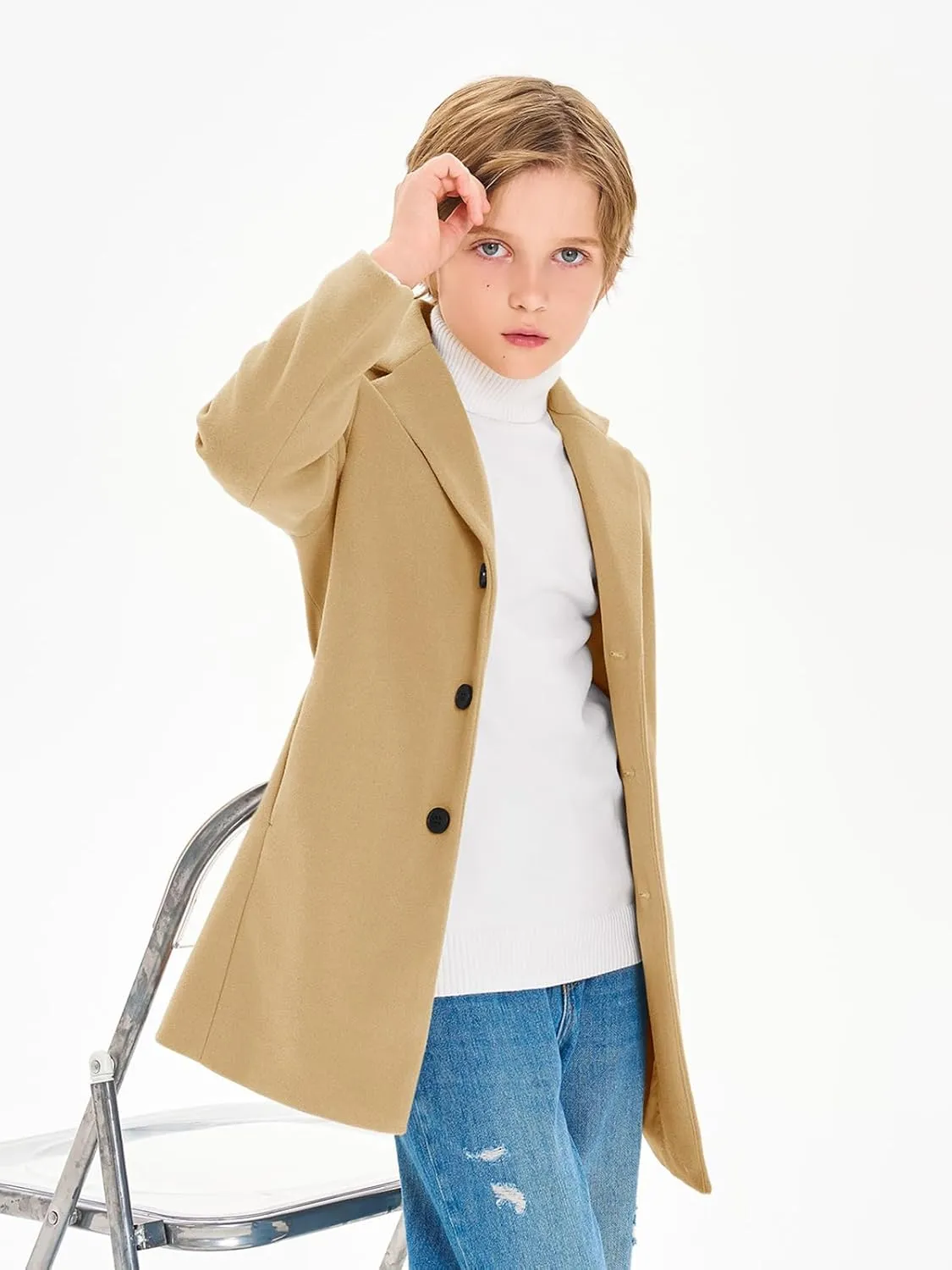 Haloumoning Boys Single Breasted Peacoat Notch Lapel Overcoat with Pockets 5-14 Years