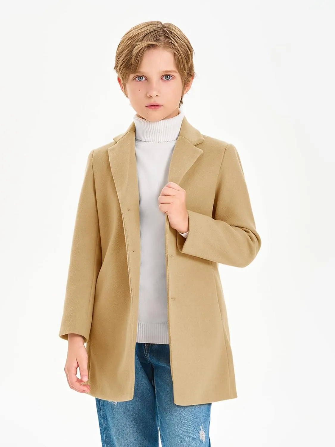 Haloumoning Boys Single Breasted Peacoat Notch Lapel Overcoat with Pockets 5-14 Years
