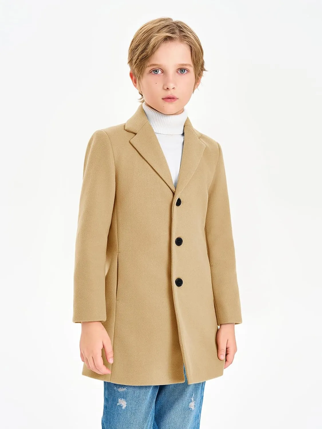 Haloumoning Boys Single Breasted Peacoat Notch Lapel Overcoat with Pockets 5-14 Years
