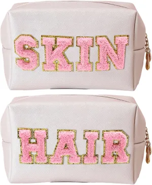 Hasxnta 2Pcs Preppy Patch Varsity Letter Cosmetic Toiletry Bag Travel Makeup Bag PU Leather Waterproof Portable Pouch Storage Purse (White,SKIN HAIR)