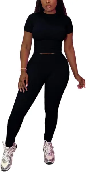 HBQ Women Two Piece Outfits Workout Sets Ribbed Casual Jogging Suits Short Sleeve Tracksuits