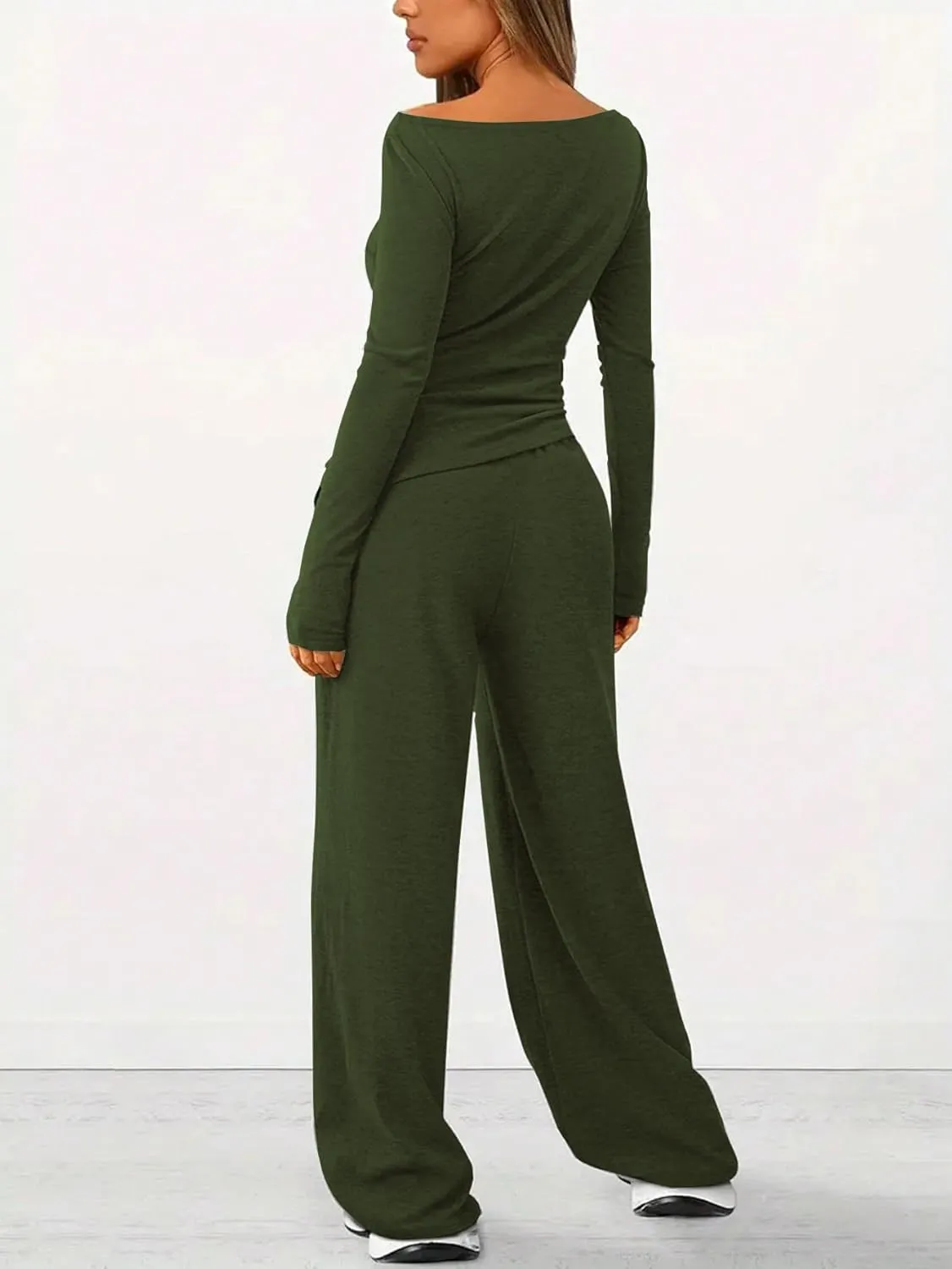 HBQ Women's 2 Piece Lounge Sets Asymmetrical Long Sleeve T Shirt Wide Leg Pants Casual Outfits Tracksuit