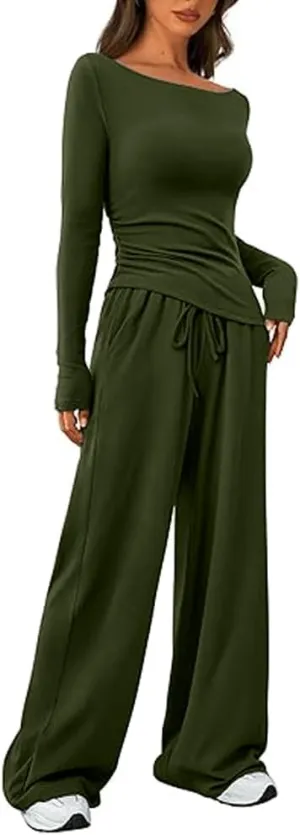 HBQ Women's 2 Piece Lounge Sets Asymmetrical Long Sleeve T Shirt Wide Leg Pants Casual Outfits Tracksuit