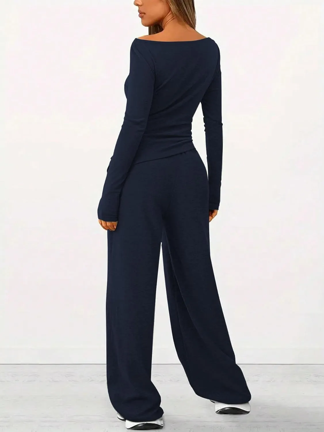 HBQ Women's 2 Piece Lounge Sets Asymmetrical Long Sleeve T Shirt Wide Leg Pants Casual Outfits Tracksuit