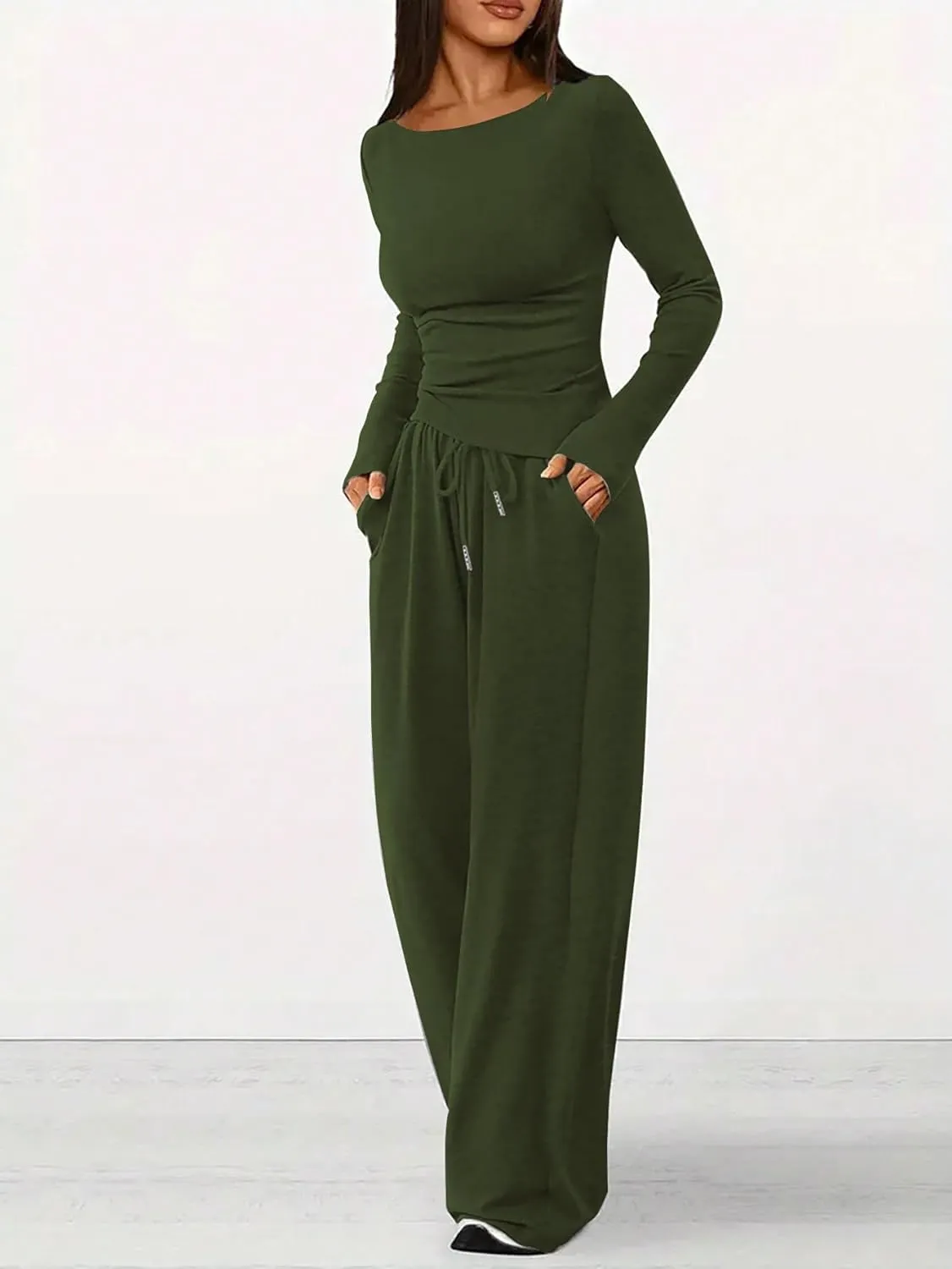 HBQ Women's 2 Piece Lounge Sets Asymmetrical Long Sleeve T Shirt Wide Leg Pants Casual Outfits Tracksuit