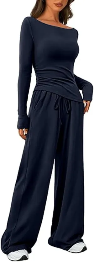HBQ Women's 2 Piece Lounge Sets Asymmetrical Long Sleeve T Shirt Wide Leg Pants Casual Outfits Tracksuit