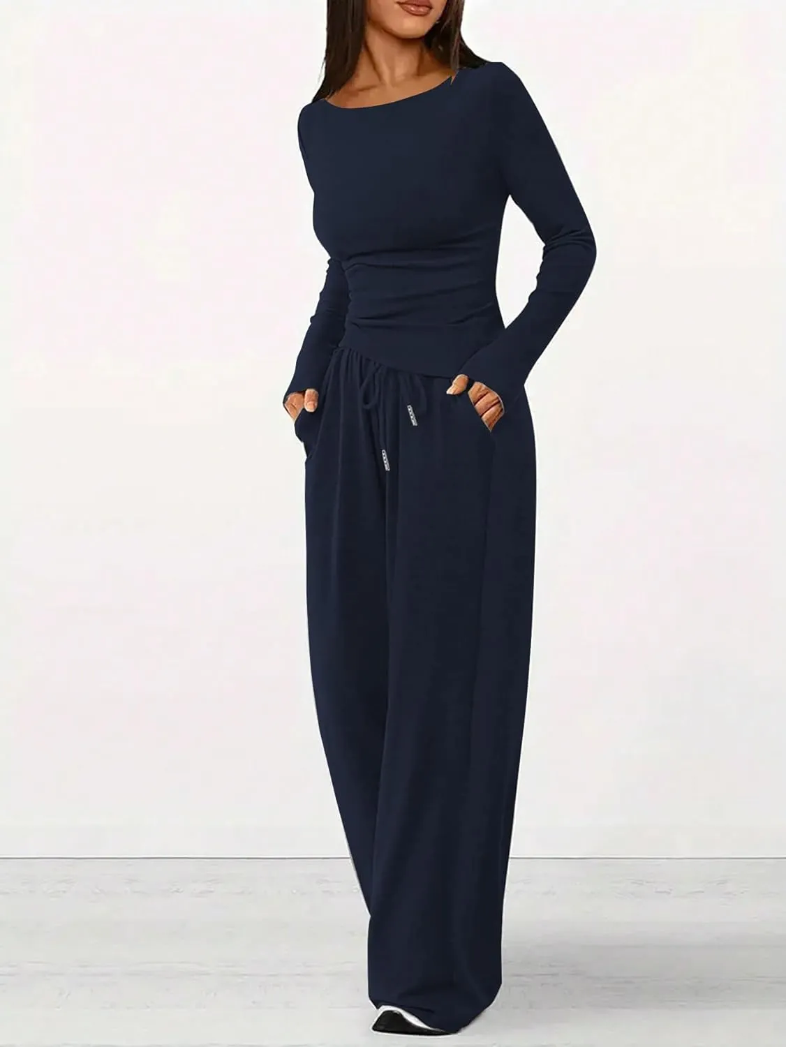 HBQ Women's 2 Piece Lounge Sets Asymmetrical Long Sleeve T Shirt Wide Leg Pants Casual Outfits Tracksuit