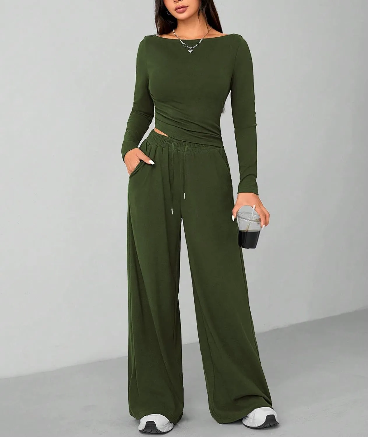 HBQ Women's 2 Piece Lounge Sets Asymmetrical Long Sleeve T Shirt Wide Leg Pants Casual Outfits Tracksuit