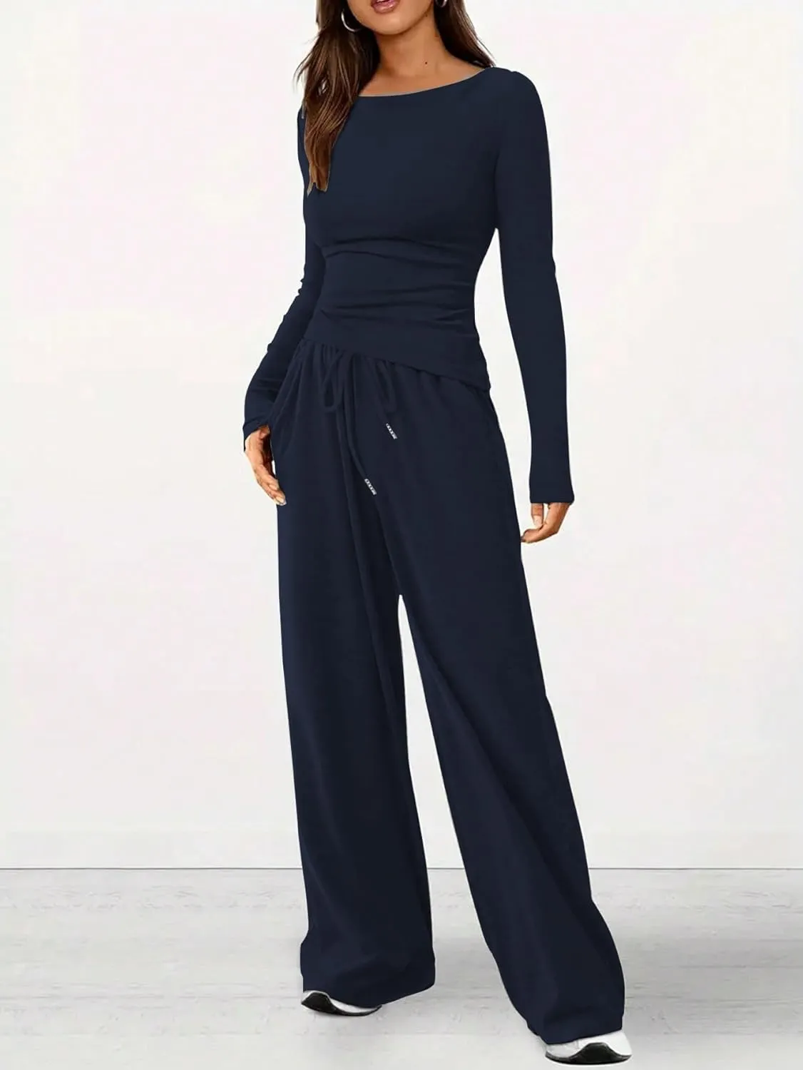HBQ Women's 2 Piece Lounge Sets Asymmetrical Long Sleeve T Shirt Wide Leg Pants Casual Outfits Tracksuit