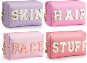 HBselect Preppy Makeup Bag 4 Pcs Travel Toiletry Bag Chenille Letter Patch Makeup Bag Portable Cosmetic Bag for Women PU Leather Waterproof Organizer Make up Bag for Women Girls (Hair Skin Face Stuff)