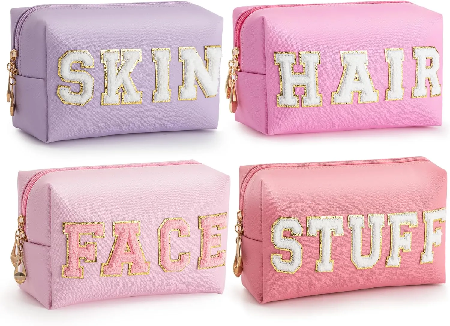 HBselect Preppy Makeup Bag 4 Pcs Travel Toiletry Bag Chenille Letter Patch Makeup Bag Portable Cosmetic Bag for Women PU Leather Waterproof Organizer Make up Bag for Women Girls (Hair Skin Face Stuff)