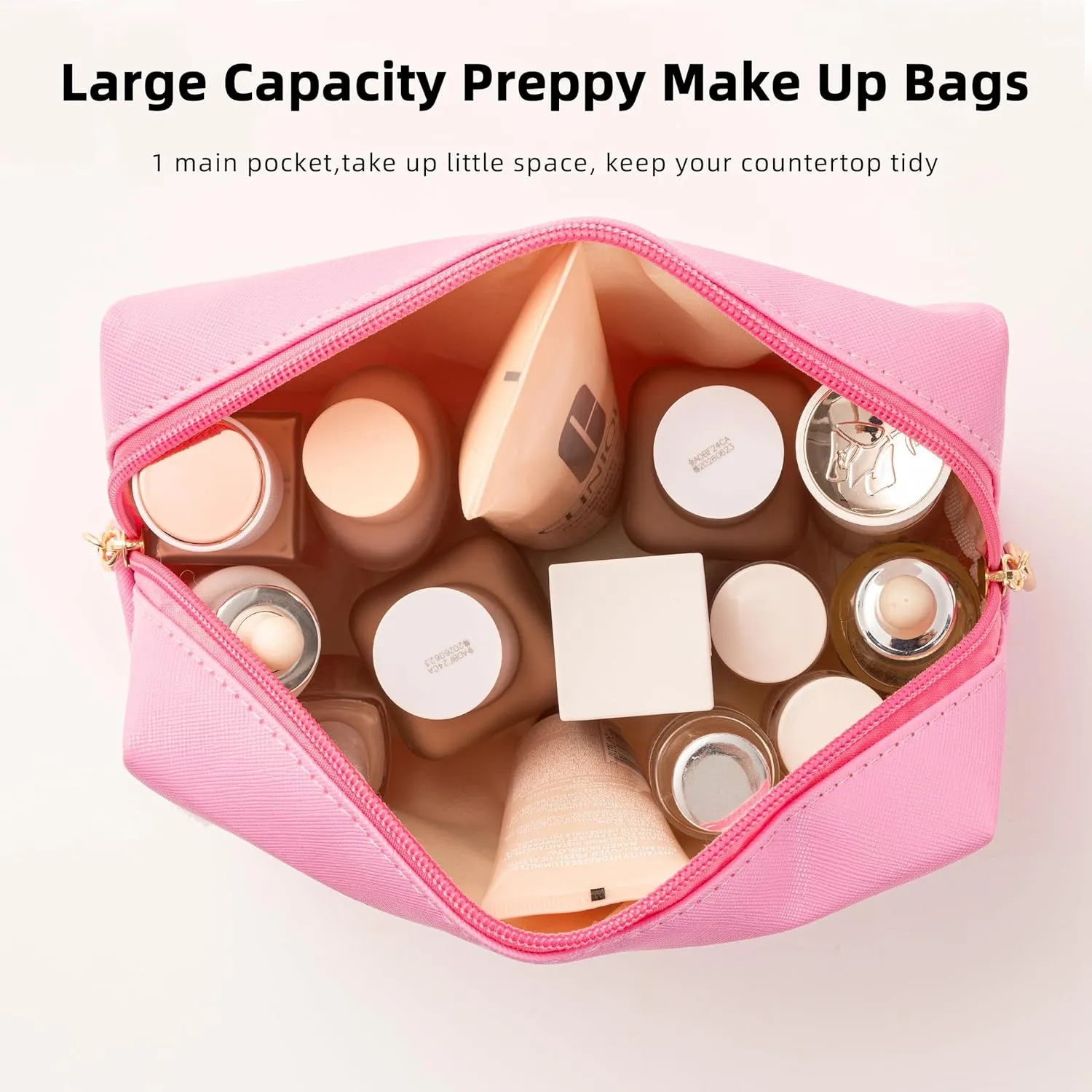 HBselect Preppy Makeup Bag 4 Pcs Travel Toiletry Bag Chenille Letter Patch Makeup Bag Portable Cosmetic Bag for Women PU Leather Waterproof Organizer Make up Bag for Women Girls (Hair Skin Face Stuff)