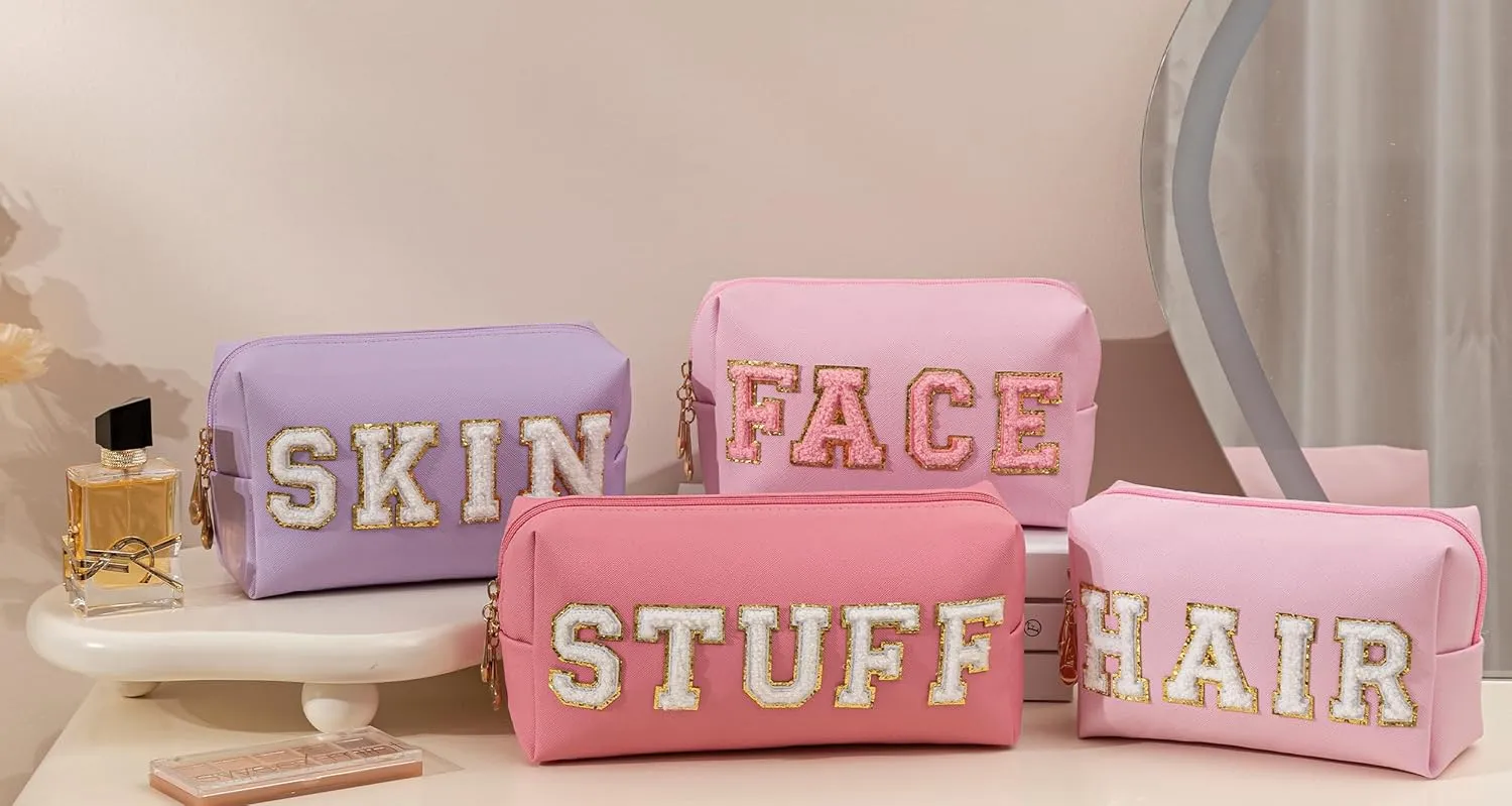 HBselect Preppy Makeup Bag 4 Pcs Travel Toiletry Bag Chenille Letter Patch Makeup Bag Portable Cosmetic Bag for Women PU Leather Waterproof Organizer Make up Bag for Women Girls (Hair Skin Face Stuff)