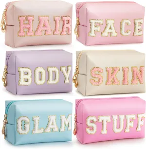 HBselect Preppy Makeup Bag 6 Pcs Travel Toiletry Bag Chenille Letter Patch Makeup Bag Portable Cosmetic Bag for Women PU Leather Waterproof Organizer Make up Bag for Women Girls
