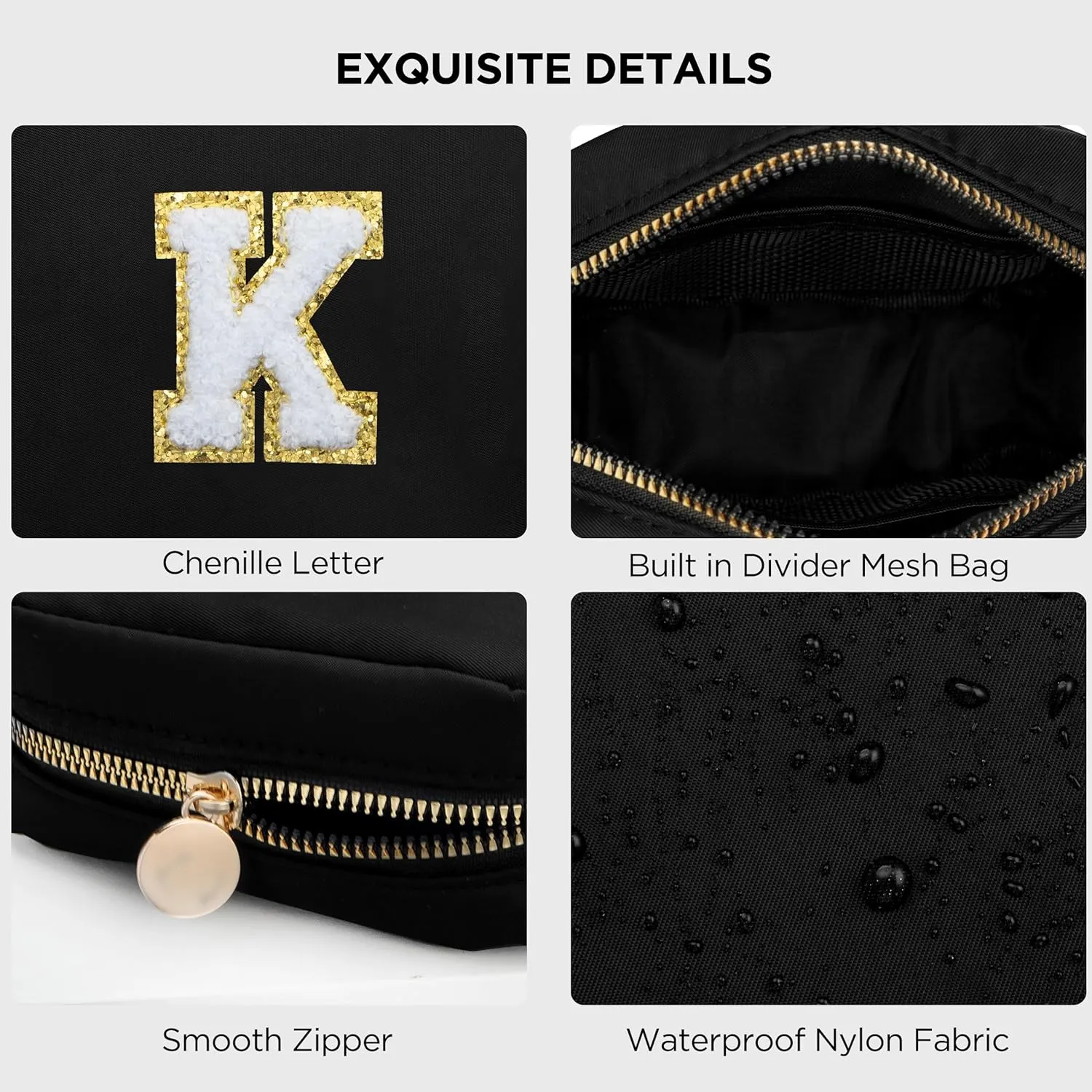 HBselect Small Makeup Bag Personalized Initial Letter Mini Makeup Bags Nylon Chenille Letter Patch Cosmetic Bag Cute Waterproof Pouch Travel Toiletry Bag Preppy Coin Purse Gift for Women Teen Girls