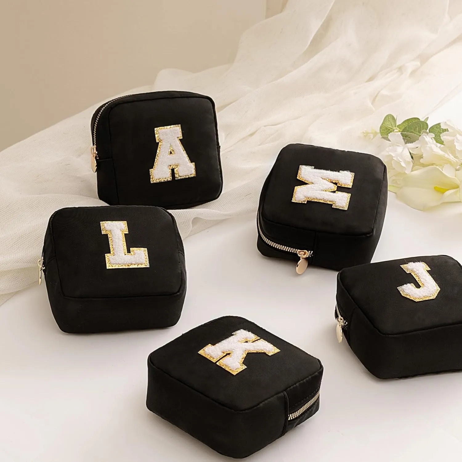 HBselect Small Makeup Bag Personalized Initial Letter Mini Makeup Bags Nylon Chenille Letter Patch Cosmetic Bag Cute Waterproof Pouch Travel Toiletry Bag Preppy Coin Purse Gift for Women Teen Girls