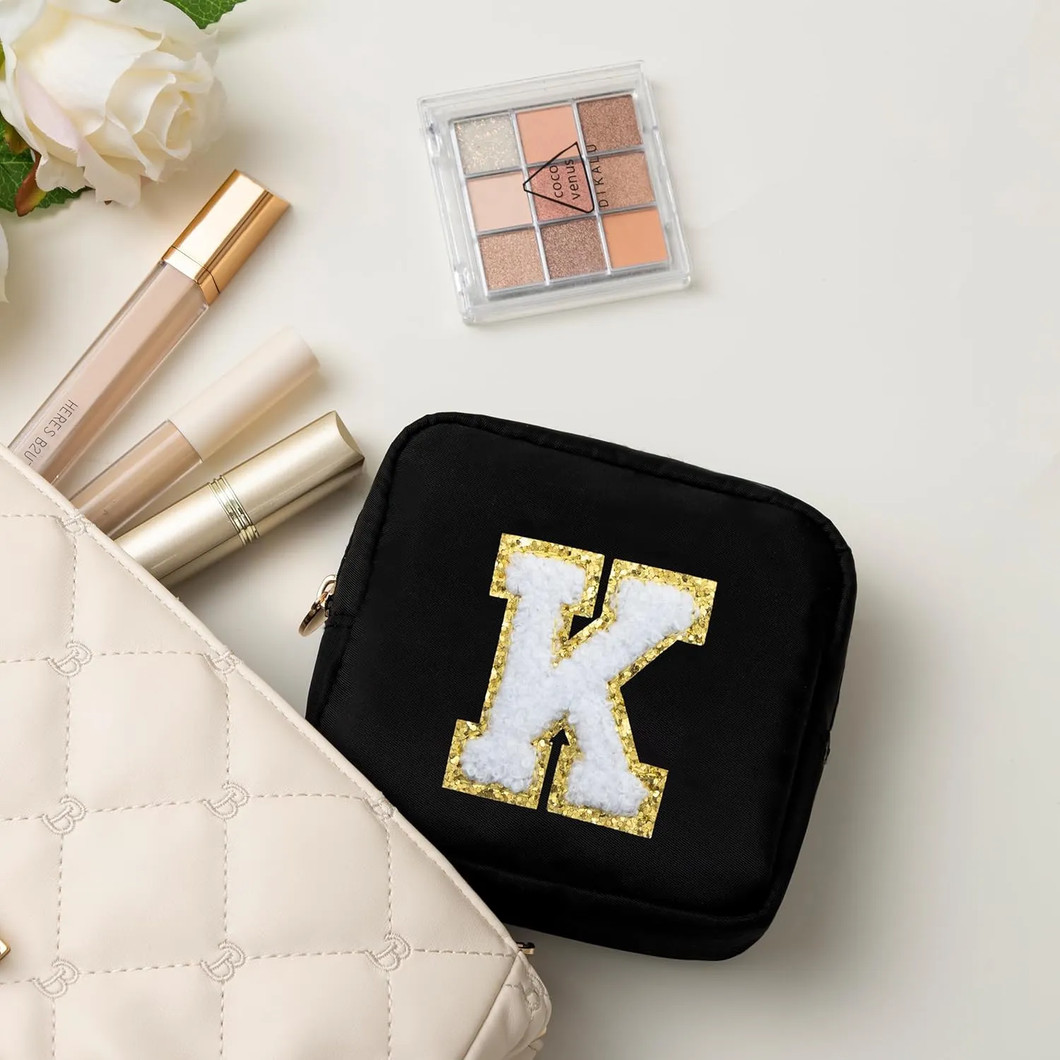 HBselect Small Makeup Bag Personalized Initial Letter Mini Makeup Bags Nylon Chenille Letter Patch Cosmetic Bag Cute Waterproof Pouch Travel Toiletry Bag Preppy Coin Purse Gift for Women Teen Girls