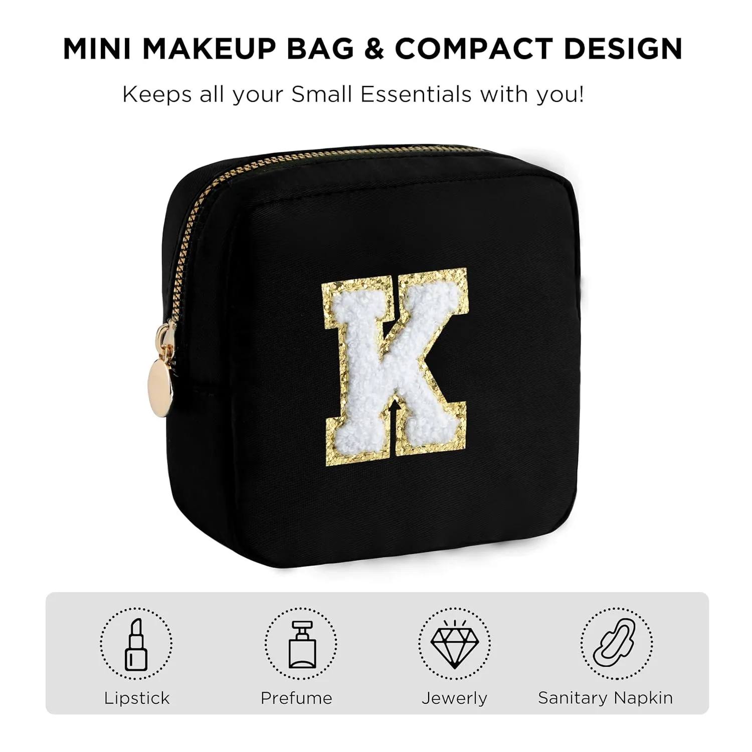 HBselect Small Makeup Bag Personalized Initial Letter Mini Makeup Bags Nylon Chenille Letter Patch Cosmetic Bag Cute Waterproof Pouch Travel Toiletry Bag Preppy Coin Purse Gift for Women Teen Girls