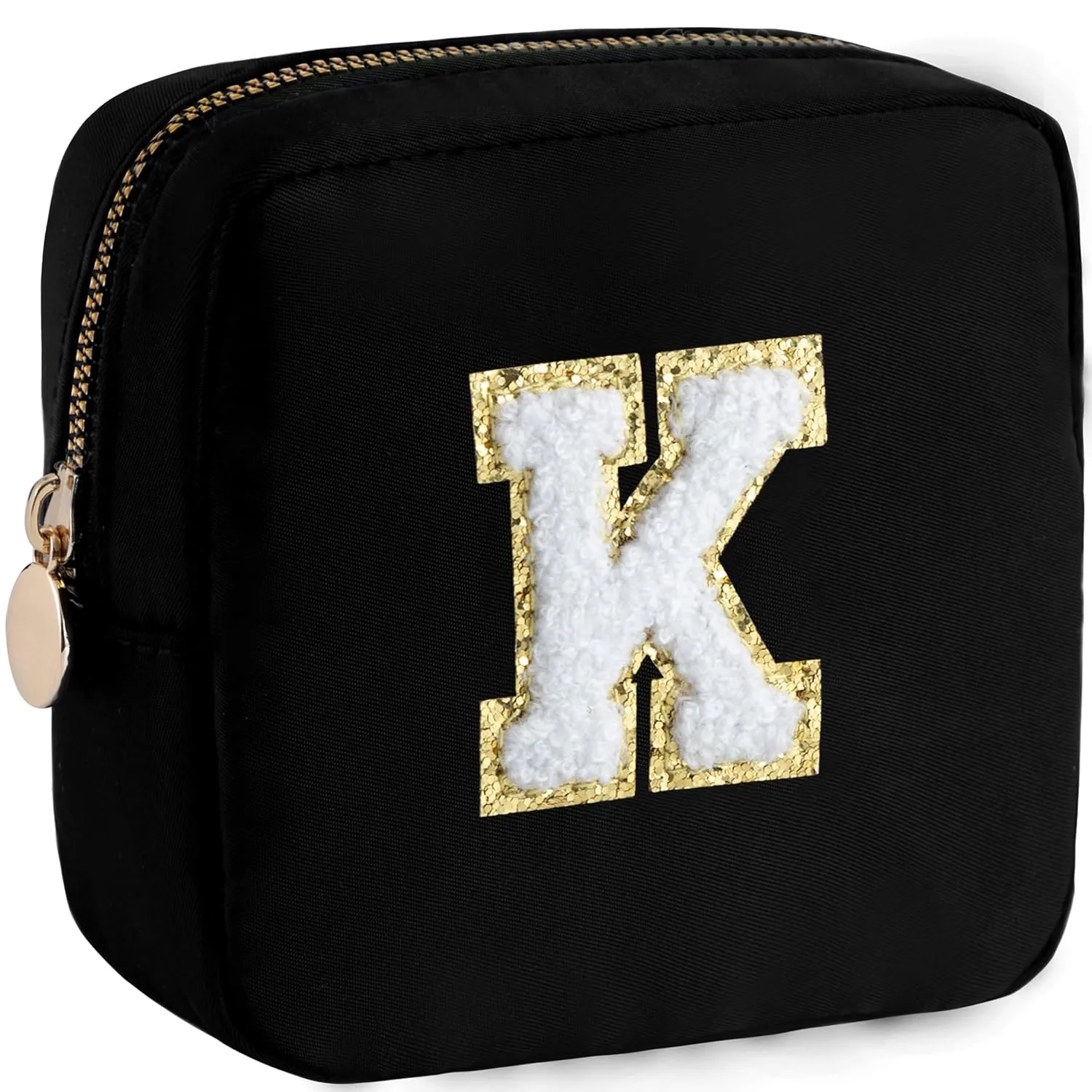 HBselect Small Makeup Bag Personalized Initial Letter Mini Makeup Bags Nylon Chenille Letter Patch Cosmetic Bag Cute Waterproof Pouch Travel Toiletry Bag Preppy Coin Purse Gift for Women Teen Girls