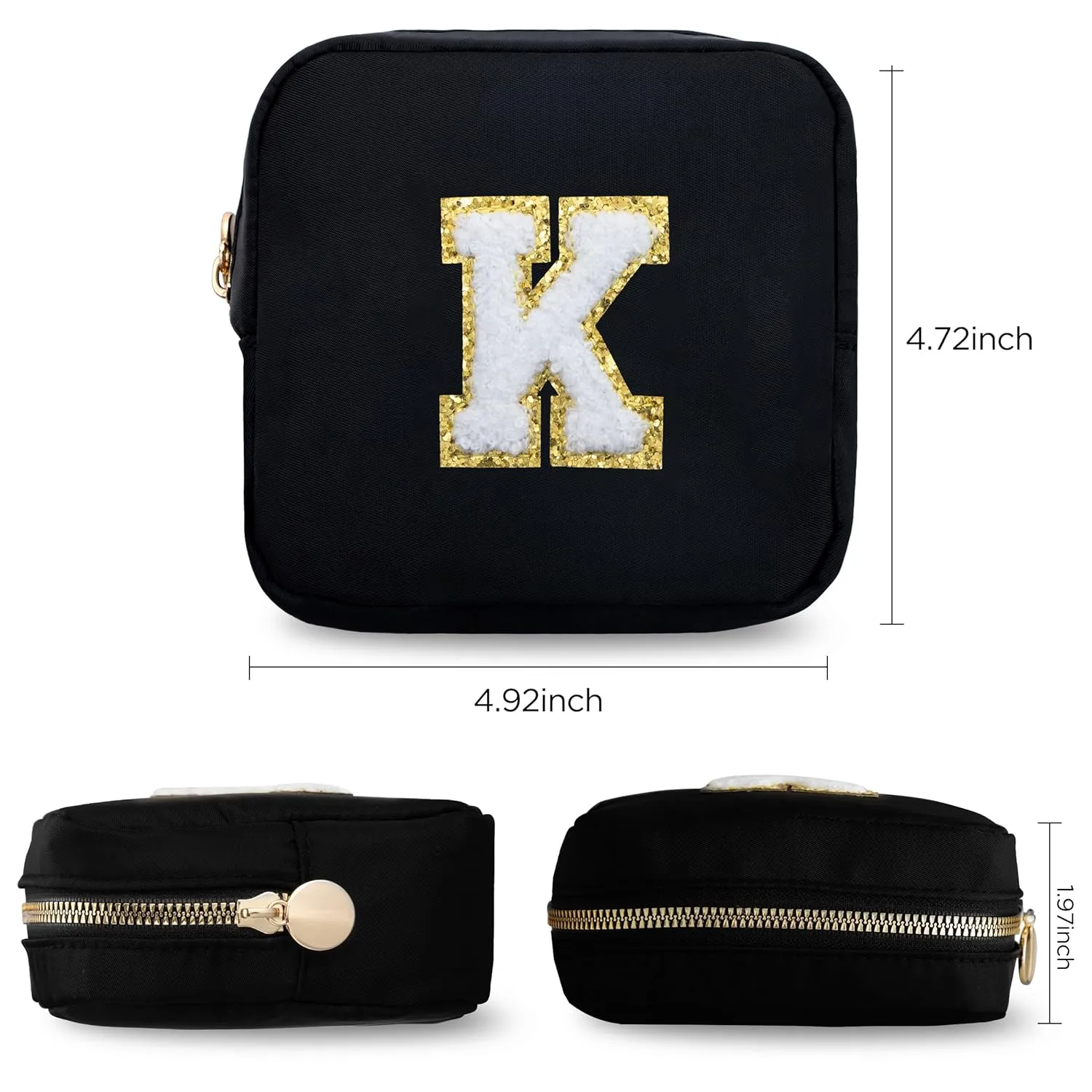 HBselect Small Makeup Bag Personalized Initial Letter Mini Makeup Bags Nylon Chenille Letter Patch Cosmetic Bag Cute Waterproof Pouch Travel Toiletry Bag Preppy Coin Purse Gift for Women Teen Girls